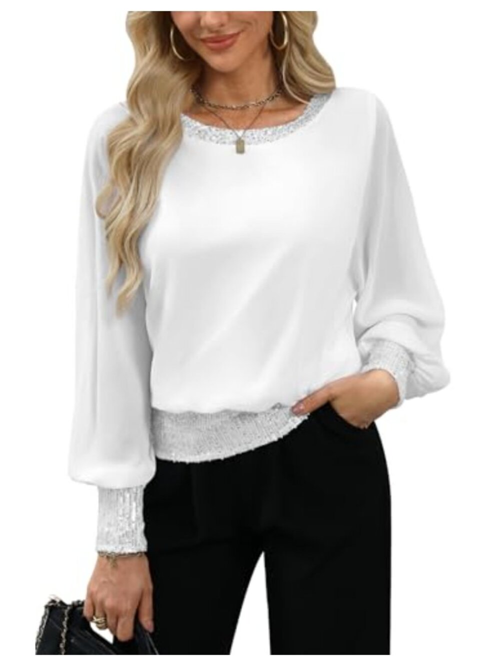 Women's Sequin Chiffon Blouson Dressy Top Long Sleeve Blouse Cocktail Party